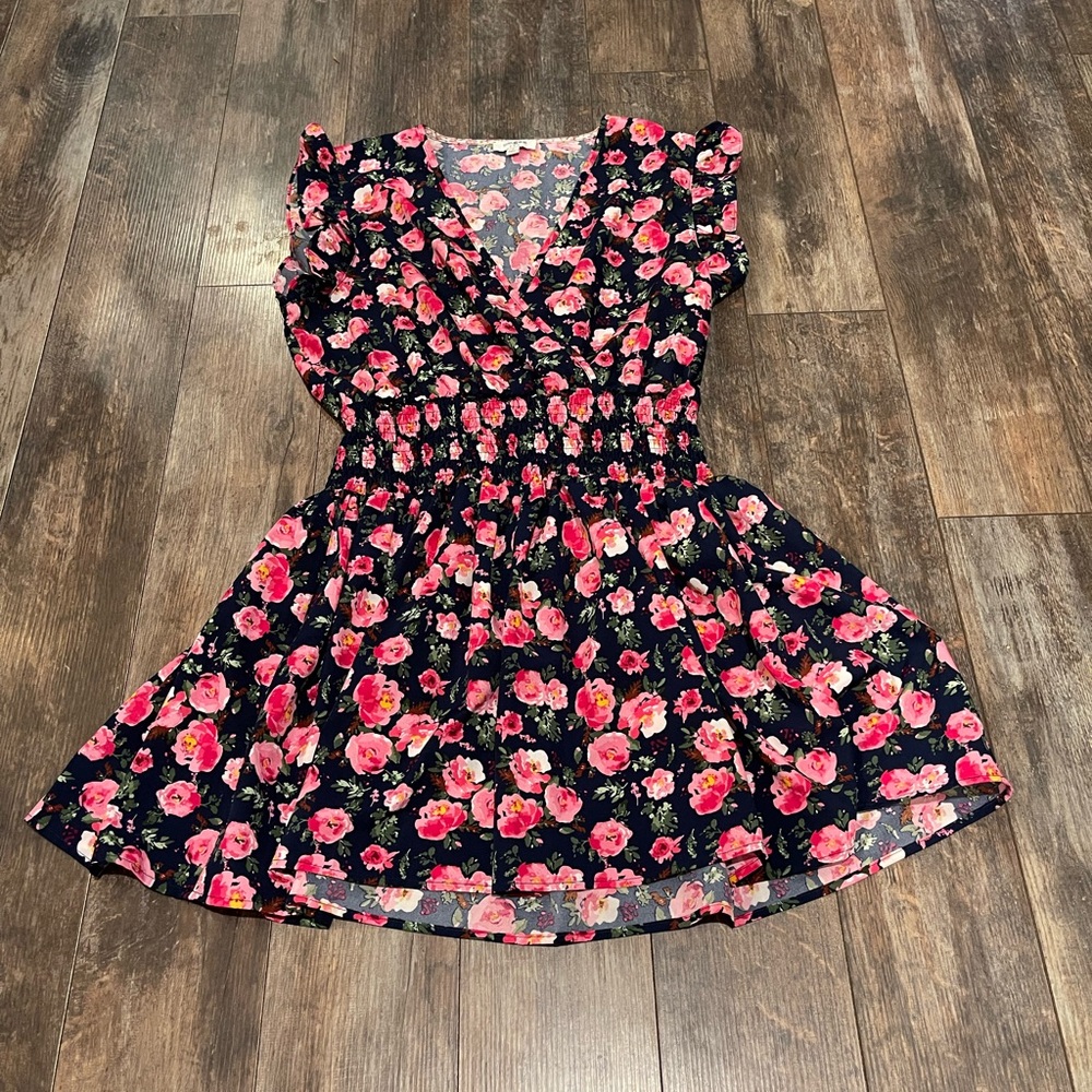 Umgee Black Dress with Pink Floral Pattern